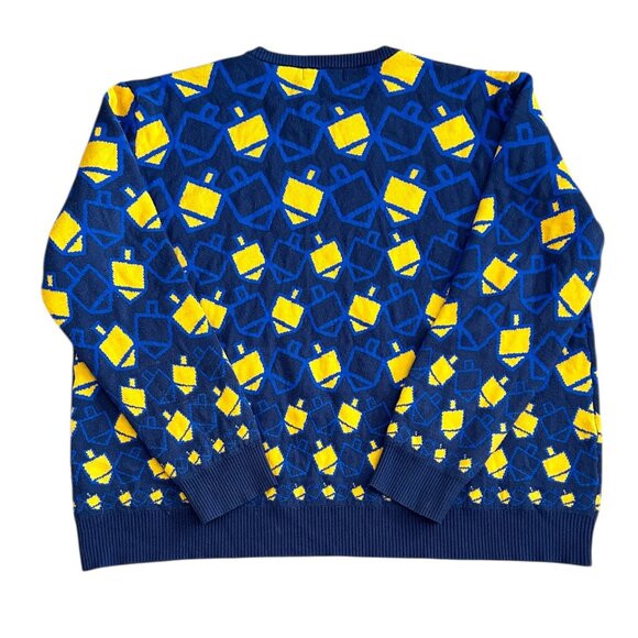 Fun Mens Hanukkah Dreidel Sweater 3X Blue Yellow Crew Neck Festive Ugly Holiday - Picture 3 of 5